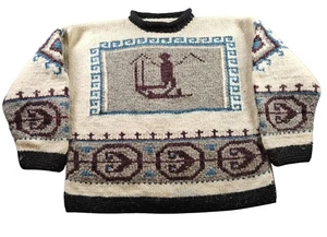 Handstrick Pullover Herren L/XL Creme Grau Blau Volkskunst Pulli Grobstrick Geometrisch - Bild 1 von 10