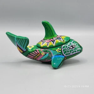 Mexikanische Volkskunst Terrakotta bemalt Keramik Wal Deckel Schmuck Schale Cozumel - Bild 1 von 7