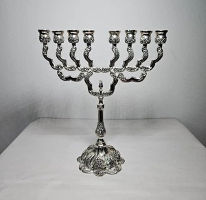 Vintage  Silver-plated Menorah Hanukkah Jewish Judaica Floral 11.75"X10.25"  - Picture 1 of 9
