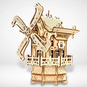Wooden Puzzle Windmill Music Box 3D Mechanical Model Wooden Kit Desktop Ornament - Picture 1 of 10