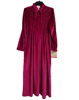 NWT VINTAGE Louisa Housecoat Women M/L Fuchsia Velour Zip Front Smocked USA 70s - Image 1 of 4