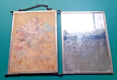 c. 1900 - CHARMANT MIROIR ANCIEN DE BARBIER TRIPTYQUE Déco Shabby Putti - Photo 1/4