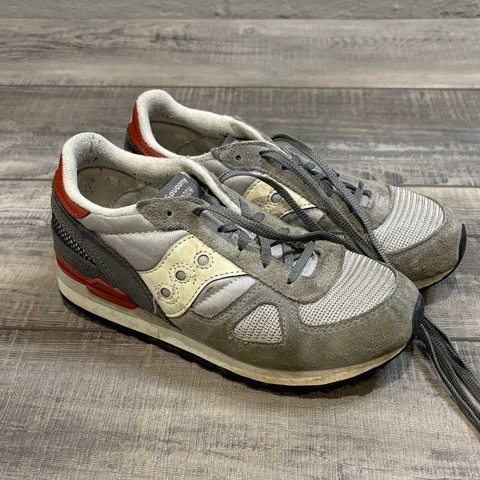 Saucony Shadow Suede Athletic Shoes Gray Cream Orange/Red GUC Youth 3 - Image 1 of 4