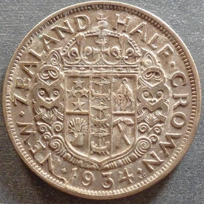 Nova Zelândia - George V, meia coroa de prata, 1934, lado denom lacado - Imagem 1 de 2
