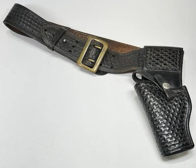 Antigo Coldre de cinto de couro para serviço de mão preto cesta tecido C. A. Hoffman tamanho 34 - Imagem 1 de 4