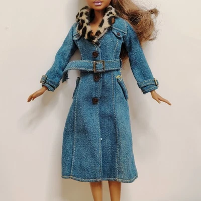 Barbie Doll Clothes BLUE DENIM LONG COAT JACKET Leopard Collar Winter Fashion - Image 1 of 4