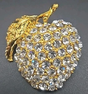 VINTAGE BROSCHE AUS NACHLASS STRASS APFEL OBST GOLDFARBEN - Bild 1 von 2