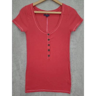 Vintage American Eagle Outfitters Womens Sz Lg Ribbed Henley Top Coral Red Y2K - Image 1 of 4