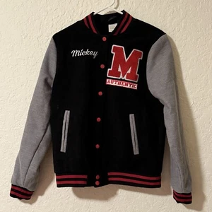 DISNEY MICKEY MOUSE FLEECE VARSITY JACKET SIZE SMALL COLOR BLOCK BLACK RED GRAY - Picture 1 of 11