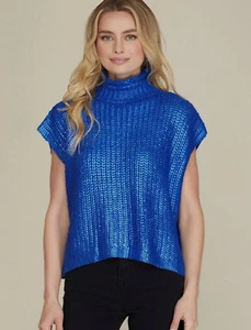 Damen Metallic Folie Enger Strick Pullover Blau Gr. S High Neck Dolman Kurzarm - Bild 1 von 8