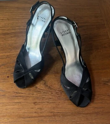 Stuart Weitzman Chic Negro Satinado Tacones Peep Toe Slingback 4 Pulgadas Talla 8M Foto 1 de 4