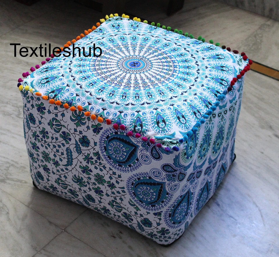 New Indian Mandala Square Ottoman Handmade Pouf Cover Footstool Seating Cover - Image 1 of 1