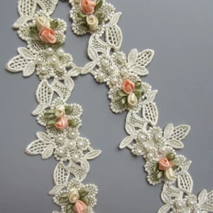 1 Yard Pearl Flower Trim Embroidered Lace Fringe Ribbon Wedding Dress Sewing DIY - Picture 1 of 4