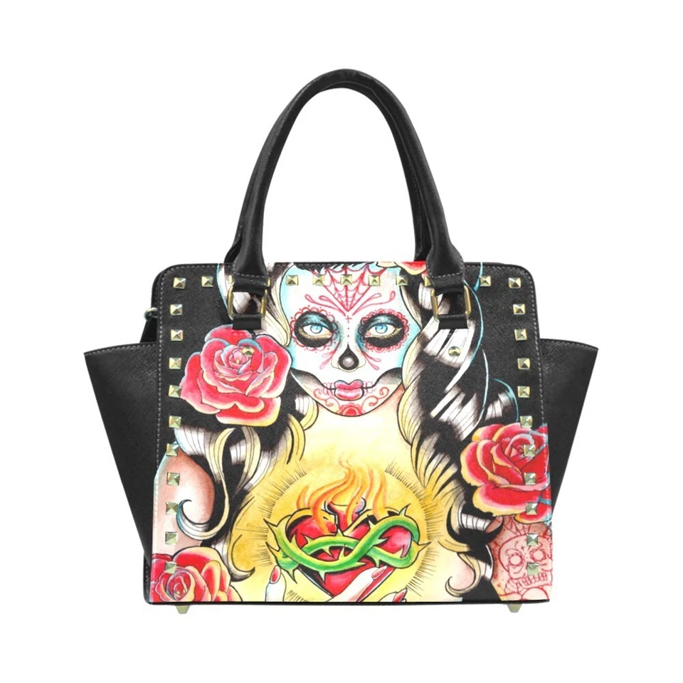 Large Studded Shoulder Purse | Sacred | Day of the Dead Sugar Skull Tattoo Girl - Image 1 of 4