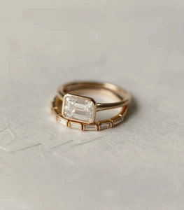 Bezel Set Emerald Cut Moissanite Engagement Ring With Baguette Band Wedding Set - Picture 1 of 8