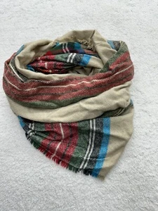 Nordstrom Tan Red Turquoise Green Plaid Fringed Infinity Scarf 25 X 35.5 Livie - Picture 1 of 6