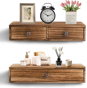 2 Packs Floating Nightstand with Drawer - Rustic Wood Floating Wall Mounted Draw - Picture 1 of 6