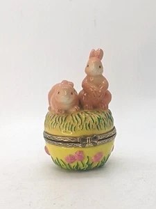 Vintage Porcelain Trinket Box Two Bunny Rabbits with Roses Yellow Base 3" - Picture 1 of 7