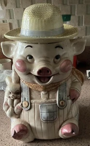 Vintage 1960er Schatz Handwerk Bauer Schwein hält Kaninchen Keramik Keksdose USA - Bild 1 von 1