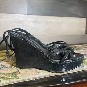 Bakers Sparkle Black Platform Wedges Ankle Straps Open Toe Shoes Size 6.5B - Picture 1 of 9