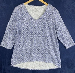 Chico’s Ultimate Tee Sz 2 V Neck 3/4 Sleeve Tunic Top Blue/white Cotton/modal  - Picture 1 of 7