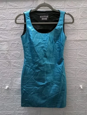 Novo Vestido Elástico Boutique Moschino Azul Folha Metálica Bodycon Tamanho 4 - Imagem 1 de 4