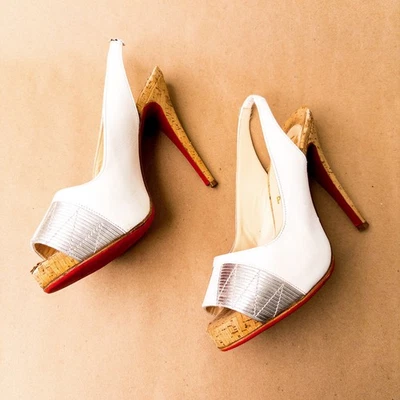 Christian Louboutin Moyen Prive White Silver Cork Heels Size 7 37 Wedding - Image 1 of 4