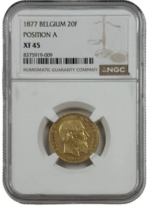 1877 Belgium Gold 20 Francs Pos A 0.1867 oz Coin NGC XF 45 Leopold II - Picture 1 of 2
