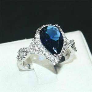 Lab Created 3.00Ct Pear Cut Blue Sapphire Engagement Ring 14k White Gold Size 8 - Picture 1 of 3