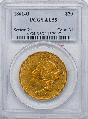 1861-O LIBERTY HEAD $20 PCGS AU 55 Cover
