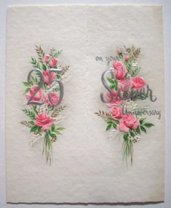 Rose in rilievo 25° anniversario matrimonio argento vintage biglietto di auguri CC6 - Foto 1 di 3