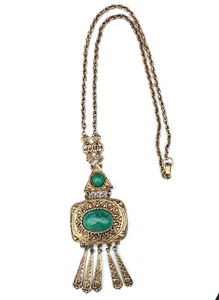 Egyptian Revival Peking Glass Necklace Vintage Green Cabochons Gold Tone Chain - Picture 1 of 7
