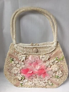 Vintage Faux Velvet Floral Plastic Weave Wicker Purse Made in Japan with Beads - Picture 1 of 5