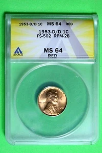 1953 D/D ANACS MS64 RD Lincoln Wheat Cent #B26900 - Picture 1 of 2
