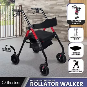 Orthonica Rollator 4-Wheel Foldable Steel Height Adjustable Mobility Walker Red - Picture 1 of 10