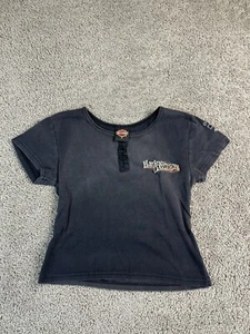 VINTAGE Harley Davidson Shirt Girls Medium Black Embroidered Faded Biker 90s - Picture 1 of 10