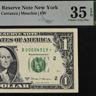 2017A $1 Federal Reserve Note PMG 35EPQ - Low Serial Number Star - 00004919* - Image 1 of 3