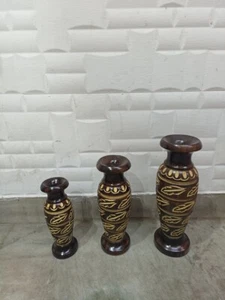 Set of 3 Floral Carved Wooden Vases | Home Decor Showpiece Handmade - Picture 1 of 9