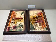 Vintage Pair of Plastic 3D Relief Pictures - French Cafe Street