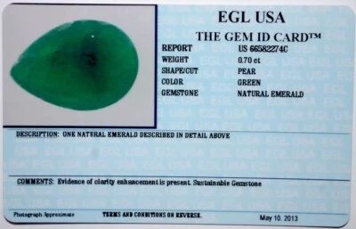 EGL USA TESTED&CERTIFIED NATURAL PEAR SHAPE EMERALD 0.70CT - Image 1 of 4