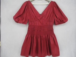 Self Portrait Dress Womens 10 Red Puff Sleeve Ruched V Neck Mini Zip A Line - Picture 1 of 17