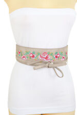 Women Taupe Beige Faux Leather Wrap Tie Kimono Floral Young Cool Belt Flower S M