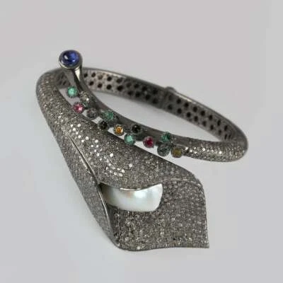 Multi Tourmaline and Pearl Flower Genuine Pave White CZ 925 Real Silver Bracelet - Image 1 of 4