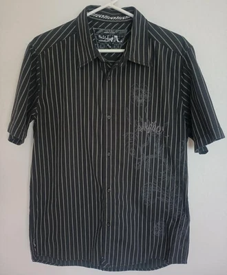 QUIKSILVER MEN'S SHRT BLACK STRIPED FLORAL EMBROIDERED LOGO SHORT SLEEVE SIZE M - Image 1 of 4