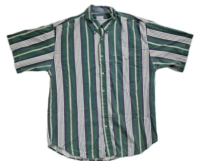 Vintage Bugle Boy Green Short Sleeve Striped Button Up Beach Shirt Size Large - Image 1 of 4