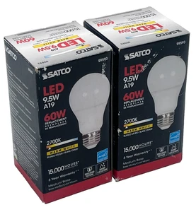 (2) SATCO 9.5W A19 LED Bulbs S9593 60W Replacement 2700K Warm White Non-Dimmable - Foto 1 di 3