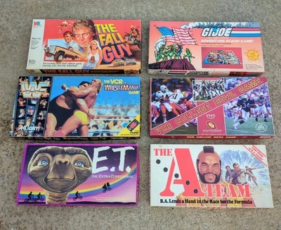 Lote de 6 jogos de tabuleiro vintage da década de 1980... GI Joe, A-Team, WWF, ET, The Fall Guy, videocassete! - Imagem 1 de 4