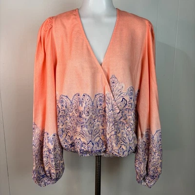 Blusa cruzada Venus Top 10 imitación envoltura azul melocotón cachemira manga abullonada para mujer Foto 1 de 4