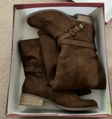 Botas de moda Merona Tarin sobre la rodilla tacón bajo imitación gamuza cremallera nuevas en caja talla 8WC Foto 1 de 4