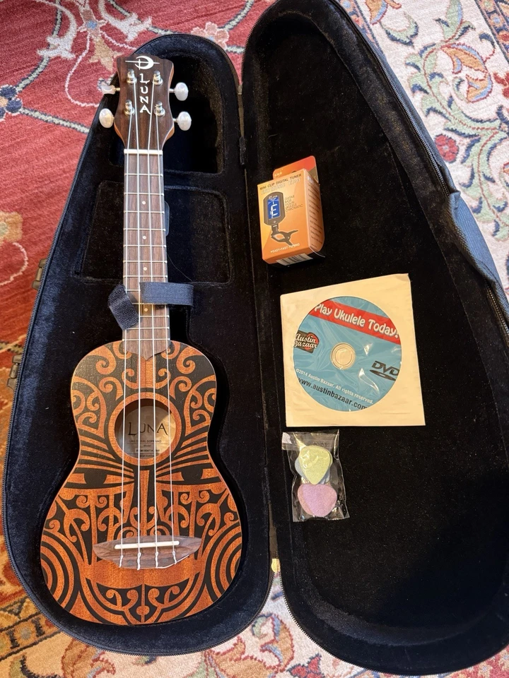 Luna Guitars Tattoo Mahogany Soprano Ukulele w/ Case Clip Tuner Instruction DVD - Image 1 of 4